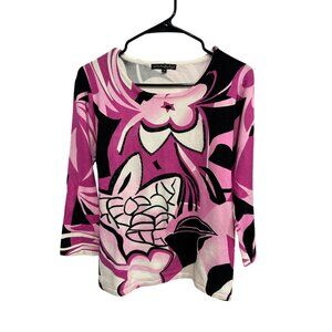 Pierri New York Pink Black Abstract Floral Print 3/4 Sleeve Blouse Size M Chic